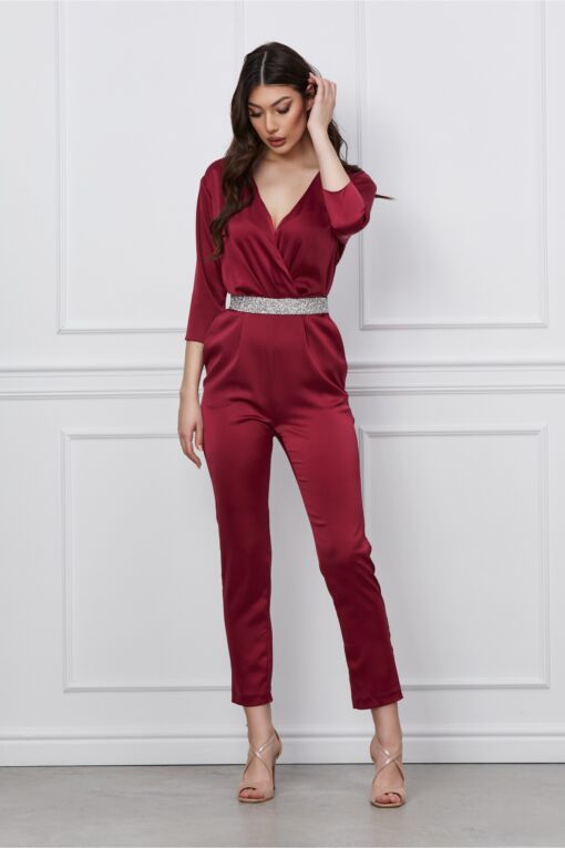 Black Friday Salopeta Dy Fashion bordo cu spatele gol si cordon din strasuri