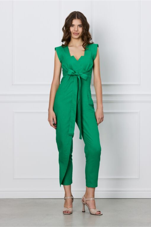 Black Friday 2022 Salopeta Laura verde cu aspect petrecut si cordon in talie