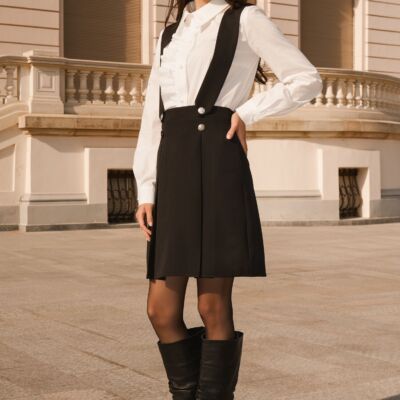 Black Friday Sarafan Moze office din stofa negru cu nasturi si pliuri