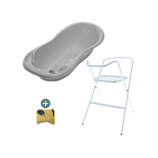 Black Friday 2022 Set cadita 102 cm Bufnita Gri + Suport metalic cadita + Cadou burete baie - Tega Baby