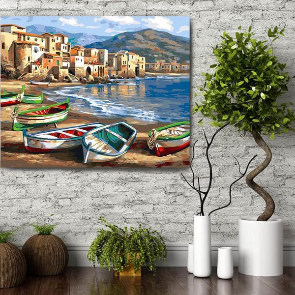 Black Friday 2022 Set pictura pe numere (panza) Barci la tarm 40x50 cm