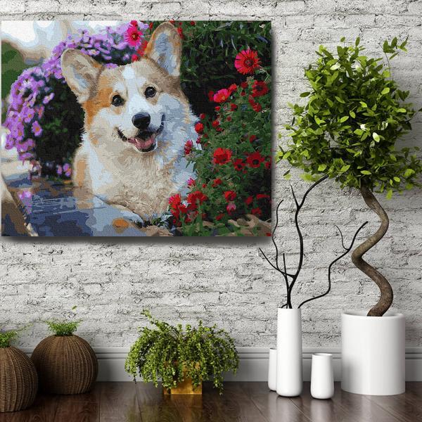 Black Friday 2025 Set pictura pe numere (panza) Catel Corgi intre flori 40x50 cm
