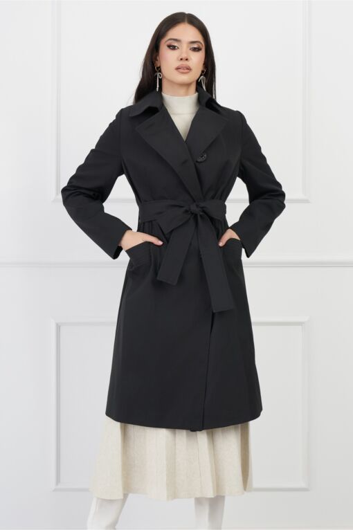 Black Friday Trench Valeria negru cu cordon in talie