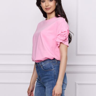 Black Friday 2022 Tricou Delia roz cu flori pe maneci