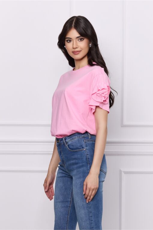 Black Friday 2022 Tricou Delia roz cu flori pe maneci