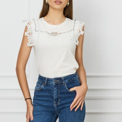 Black Friday 2022 Tricou Mara alb cu strasuri si dantela