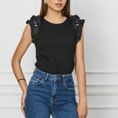Black Friday Tricou Miriam negru cu strasuri colorate si volane la maneci