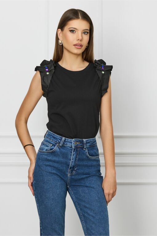 Black Friday Tricou Miriam negru cu strasuri colorate si volane la maneci