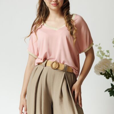 Black Friday Tricou casual din viscoza roz cu fir lurex la decolteu si maneci