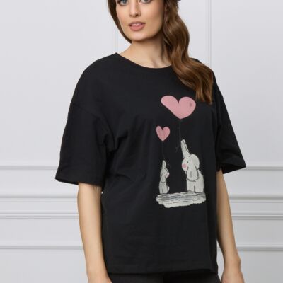 Black Friday 2022 Tricou negru oversized cu inimioare si elefanti