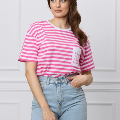 Black Friday 2022 Tricou oversized cu dungi roz si buzunar cu cifre