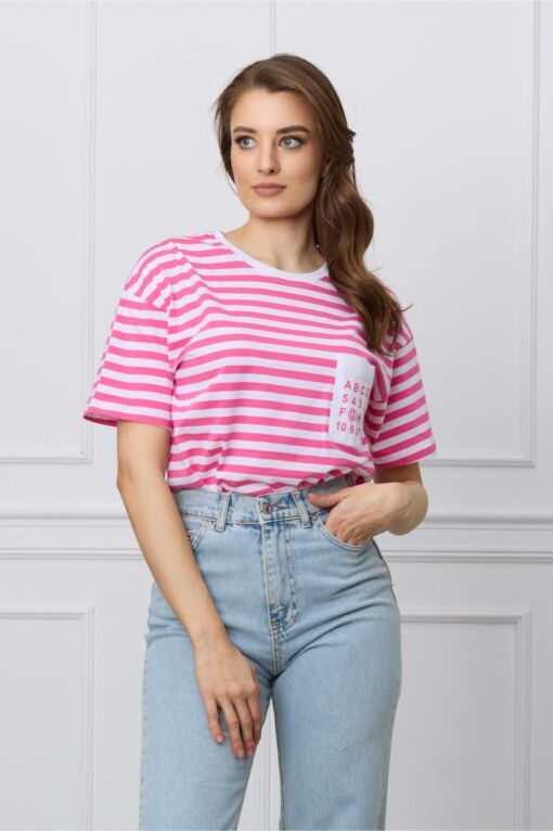 Black Friday 2022 Tricou oversized cu dungi roz si buzunar cu cifre